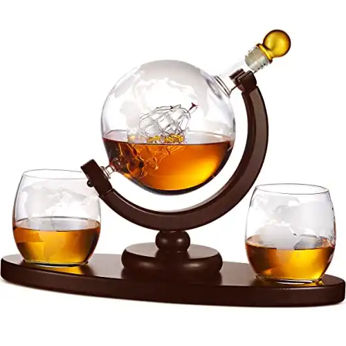 Whiskey Decanter Globe Set with 2 Etched Whiskey Glasses- 850ml