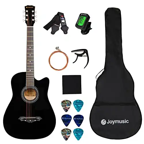 Joymusic 38 inch black beginner acoustic guitar bundle with